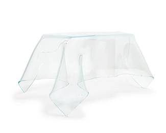42
Laurel Fyfe (1956-2012)
An art glass desk, late 20th century
Unmarked
The handkerchief glass with cut out corner for a desk chair
27" H x 54" W x 41" D
Estimate: $800 - $1,200