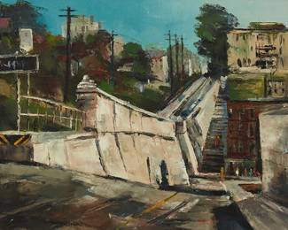 216
Victor Czerkas
(1914-2003)
"505 Clay St." (Los Angeles)
Oil on canvas
Signed along the lower edge, right of center: Czerkas; signed again and titled, possibly in another hand, in pencil on a piece of tape affixed to the stretcher bar, verso
20" H x 30" W
Estimate: $1,000 - $2,000
