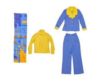 347
A Mario Armond Zamparelli and Company for Hughes Airwest hostess uniform prototype ensemble
Circa 1970s
Scarf signed and dated in the weave; label: Echo / Made in Japan
Comprising a hostess suit in Universe Blue and Sundance Yellow, including a blue and yellow short polyester jacket, with contrast butterfly collar and cuffs, with matching blue high-waisted pants, a Sundance Yellow synthetic knit popover placket blouse with round collar and tonal buttons, and a Zamparelli multicolored geometric print polyester scarf, 1977
4 pieces
Jacket: center back: 24.5"; front bust: 17"; front waist: 16"; back shoulders: 15"; sleeve: 23"
Pants: waist front: 15"; hips back: 19.5"; inseam: 31.5"; front rise" 12"; back rise: 14"
Blouse: Center back: 22"; bust front: 19"; waist: 16.5"; sleeve: 23"
Scarf: 51.5" x 13.5"
Estimate: $200 - $400
