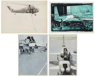 369
Mario Armond Zamparelli (1921-2012), Military aeronautical
A group of 29 works of military aircraft
25 works with graphite, charcoal, and/or colored pencil on tracing paper, and four works with gouache, colored pencil, and mixed media on artist's board
One of the works on artist's board with a possibly indistinct signature along the lower edge, at right; all other works unsigned
Each tracing sheet: 16.75" H x 13.75" W; Smallest artist's board: 14.75" H x 19.75" W; Largest artist's board: 15" H x 22" W (or reverse)
Estimate: $600 - $900