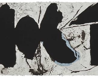 89
Robert Motherwell
(1915-1991)
"Elegy Black Black," 1983
Lithograph in black and gray on white TGL handmade paper
Edition: 74/98 (there were also 14 artist's proofs in Roman numerals)
Signed and numbered in pencil lower right: Motherwell; Tyler Graphics Ltd., Bedford Village, New York, pub., with their blindstamp lower right
Image/Sheet: 15.25" H x 37.75" W
Estimate: $12,000 - $18,000