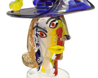 52
Walter & Mario Furlan (1931-2018 and b. 1963)
A Murano art glass sculpture from the series 'Omaggio a Picasso,' early 21st century
Etched signature and title to base: Furlan & Furlan; further marked with applied glass studio seal
The molded and cased glass sculpture with applied elements, after Picasso's images of muse and model Marie-Thérèse Walter, designed by Walter Furlan and constructed by his son, Mario
13.5" H x 12.25" Dia.
Estimate: $1,000 - $2,000