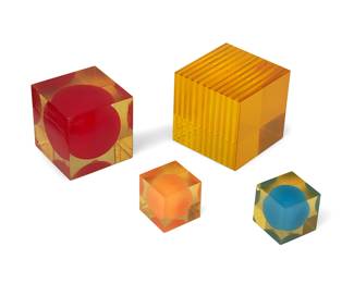 311
Enzo Mari (1932-2020)
A group of 'Cubo' paperweights for Danese Milano, 1959-1963
Each unmarked
Comprising four resin cubes, three with variously colored balls, the other with op art linear motif
4 pieces
Largest: 3.125" cubed; Smallest: 1.625" cubed
Estimate: $800 - $1,200
