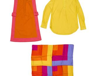 354
A group of Mario Armond Zamparelli and Company for Hughes Airwest hostess uniform prototypes
Circa 1970s
Scarf signed and dated to weave; with label: Echo / Made in Japan
Comprising an orange and pink cotton hostess pinafore smock with left top strap button closure and button tabs to waist, together with a Sundance Yellow synthetic knit popover placket blouse with round collar and tonal buttons, and a Zamparelli multicolored square silk scarf, 1975
3 pieces
Smock: CB: 29.5"; waist front at tabs: 17.25"
Blouse: CB: 27"; bust front: 19"; waist front: 17.5"; sleeves: 23"
Scarf: 26.5" x 26.5" approximately
Estimate: $200 - $400