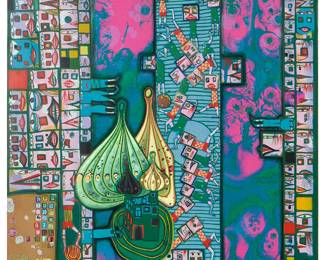 95
Friedensreich Hundertwasser
(1928-2000)
"Olympische Spiele Munchen 1972" (Olympic Games Munich poster), 1971
Screenprint in colors with embossed metal foil on paper
Edition: 2569/3999 (there was also a total of approximately 230 hand-signed impressions numbered in either Arabic or Roman numerals)
Unsigned; stamp-numbered in the image, lower left; titled as part of the composition; Dietz Offizin, Lengmoos, Bavaria, in cooperation with Günter Dietz Edition, prntr.; Olympia 1972 GmbH, Munich, pub.
Sight: 39.875" H x 24.875" W
Estimate: $700 - $900