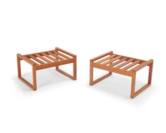 240
Børge Mogensen (1914-1972)
A pair of model 248 wood ottomans for Fredericia Stolefabrik, circa 1950s
Each stamped to underside: Made in Denmark / Aktieselskabet / Fredericia Stolefabrik / Model No 248
Each with slatted top and without cushion
2 pieces
Each: 12.5" H x 22.25" W x 18" D
Estimate: $500 - $700