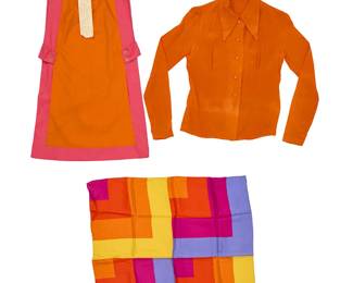 355
A group of Mario Armond Zamparelli and Company for Hughes Airwest hostess uniform ensemble prototypes
Circa 1970s
Scarf signed and dated to weave; with label: Echo / Made in Japan
Comprising an orange and pink cotton hostess pinafore smock with left top strap button closure and button tabs to waist, together with a fitted orange rayon blouse with pointed collar and tonal buttons, and a Zamparelli signed multicolored square silk scarf, 1975
3 pieces
Smock: CB: 30"; waist front at tabs: 17.5"
Blouse: CB: 22.5"; bust front: 17.5"; waist front: 15.5"; sleeves: 24"
Scarf: 26.5" x 26.5" approximately
Estimate: $200 - $400