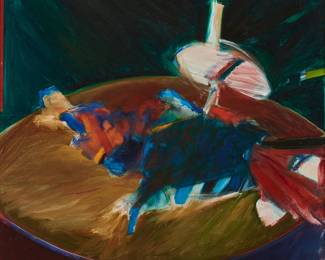 230
Joan Savo
(1918-1992)
"Elliptical Painting #24," circa late 1960s
Oil on canvas
Signed lower right: J. Savo; signed again (twice) and titled in ink on two exhibition labels affixed verso
37" H x 36.25" W
Estimate: $3,000 - $5,000