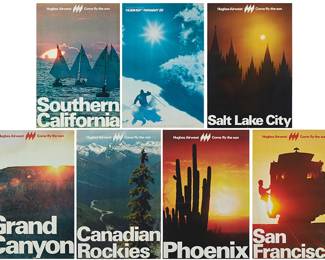 345
A group of seven Hughes Airwest travel posters
"Canadian Rockies," "Grand Canyon," "Phoenix," "Salt Lake City," "San Francisco," "Southern California," and an untitled image of a downhill skier
Each: Photographic offset in colors on thick poster paper
Each: From the edition of unknown size and date
Each: Unsigned; six with the printed title along the lower edge
Image/Sheet of smallest: 34.5" H x 23.125" W; Image/Sheet of largest: 35" H x 23" W
Estimate: $200 - $400