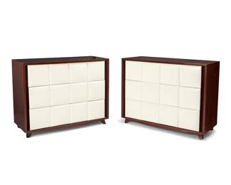 84
Gilbert Rohde (1894-1944)
A pair of dressers model 4140 for Herman Miller, mid-20th century
Designed circa 1940s
Each appears unmarked
Each wood cabinet with three drawers featuring white faux leather padded fronts, raised on squared feet
2 pieces
Each: 34.5" H x 44.5" W x 19" D
Estimate: $1,000 - $2,000
