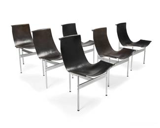 103
William Katavolos (1924-2020), Ross Littell (1924-2000) & Douglas Kelley (b. 1928)
A set of six 'T' chairs for Laverne Originals, mid-20th century
Designed 1952
With steel frames and later replaced black leather sling seats
6 pieces
Each: 32" H x 23" W x 22.5" D
Estimate: $2,500 - $3,500