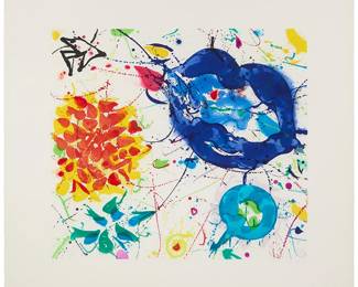 65
Sam Francis
(1923-1994)
"Senza Titolo III," 1987
Etching, aquatint, and drypoint in colors on wove paper
Edition: 8/76 (there were also 14 artist's proofs)
Signed and numbered in pencil in the lower margin: Sam Francis; Vigna Antoniniana, Rome, prntr.; 2RC Edizioni d'Arte, Rome, pub., with their blindstamp in the lower left margin corner
Plate: 35" H x 39.25" W; Sheet: 49.125" H x 53.375" W
Estimate: $3,000 - $5,000
