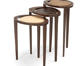 226
A set of three R & Y Augousti 'Peacock' nesting tables
Early 21st Century
Each with metal tag to underside: R & Y Augousti / Paris
The wood tables in graduated sizes, raised on three tapered legs, comprising two with stingray shagreen top and one snakeskin top
3 pieces
Tallest: 23.27" H x 15.25" W x 12" D; Shortest: 19.625" H x 15.75" W x 11.5" D
Estimate: $1,500 - $2,500