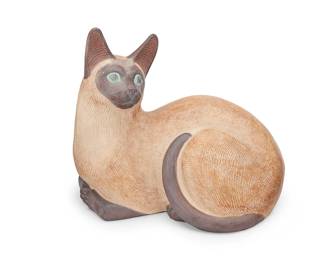 74
Betty Davenport Ford (b. 1924)
A glazed terra cotta cat figure, mid/late 20th century
Incised signature along base: Betty Davenport Ford
10.75" H x 12.25" W x 8.75" D
Estimate: $1,200 - $1,500