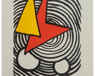 49
Alexander Calder
(1898-1976)
"Triangle et Quadrilatere," 1973
Lithograph in colors on wove paper
Edition: 50/75
Signed and numbered in pencil in the lower margin: Calder
Image: 14.5" H x 11.25" W; Sheet: 15" H x 20" W
Estimate: $1,500 - $2,000