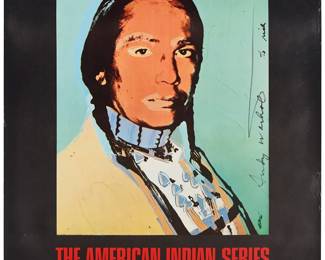 6
After Andy Warhol
(1928-1987)
"The American Indian Series" poster for Ace Gallery, 1976
Offset lithograph in colors on poster paper
From the edition of unknown size
Signed and inscribed "to Rich" in black marker along the right edge of the image: Andy Warhol; Ace Gallery, Paris, Vancouver, and Los Angeles, pub.
Sheet: 50.25" H x 35" W
Estimate: $1,000 - $1,500