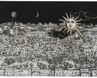 51
Piero Fornasetti (1913-1988) "Jerusalem" glass wall panel
Printed with gilt highlights, the printed signature lower right: Fornasetti; titled by repute
23.625" H x 35.375" W x 1" D
Estimate: $1,000 - $2,000