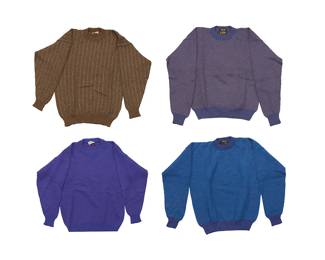 373
A group of Alpaca wool tricot sweaters size M
Circa 1990s
Each marked to label for alpaca; two labeled: Casa / Handmade in Bolivia / Mens M; two labeled: Made in Peru / M
A group of sample designs for House of Zamparelli Designs comprising two Casa crew neck alpaca knit sweaters, one in tonal bright blue stripes and one in tonal purple stripes, as well as two further alpaca crew necks, one in vibrant purple stripes, and one in brown and grey stripes
4 pieces
Largest: center back: 26"; chest front: 22.5"; sleeve: 24"; Smallest: center back: 25.5"; chest front: 21"; sleeve: 19.5"
Estimate: $300 - $500