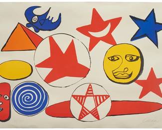 78
Alexander Calder
(1898-1976)
"L'Etoile Rouge," 1976
Lithograph in colors on wove paper
Edition: 35/75
Signed and numbered in pencil in the lower right and left corners, respectively: Calder; George J. Goodstadt, Inc., Ridgefield, pub., with their blindstamp lower right
Sheet: 29.5" H x 41.5" W
Estimate: $2,000 - $4,000