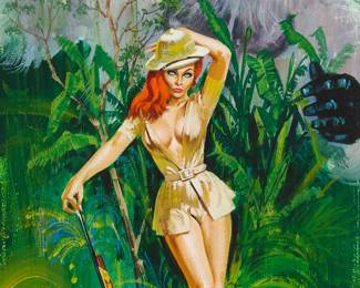 278
Robert Bonfils
(b. 1922)
"The Sin Veldt," circa 1966
Gouache on artist's board
Signed lower right: R Bonfils; inscribed on the blank artist's board at left: "LB1152 The Sin Veldt," possibly in another hand; also inscribed on the verso of the artist's board: "AD Harry Bremner / Artist Bob Bonfils," also in another hand
Sight: 14.625" H x 8.75" W; Board: 18.25" H x 15" W
Estimate: $600 - $800