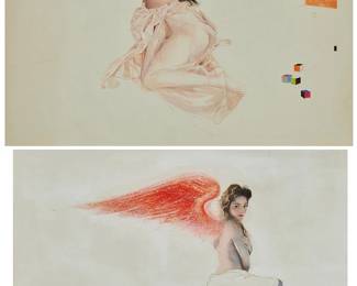 313
Mario Armond Zamparelli (1921-2012), Pin Ups
Two works:
Woman in a pink chiffon dress
Gouache, watercolor, and colored pencil on artist's board
Unsigned; estate stamped verso
Artist's board: 18.5" H x 26" W
Winged woman
Gouache, watercolor, and colored pencil on artist's board
Unsigned; estate stamped verso
Artist's board: 21.75" H x 30" W
Estimate: $200 - $400