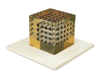 309
Enzo Mari
(1932-2020)
"Deformazione ottico-dinamica - cubo, serie a punti E" for Danese Milano, 1959-1963
Acrylic on composite base
Edition: 7/50
Signed by designer, dated, numbered, and titled to manufacturer's paper label: Enzo Mari / Cubo / Serie a punti E / cinquanta copie munerate e firmate copia n. 7 / Enzo Mari [in designer's hand] / edizioni Danese Milano
Acrylic: 4" cubed; Base: 0.375" H x 7.875" W x 7.875" D
Estimate: $1,000 - $1,500