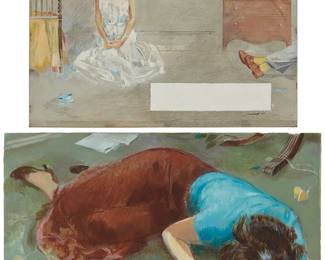 314
Mario Armond Zamparelli (1921-2012)
Two works, likely a commercial illustration; One shows a woman collapsed face-down on the ground in a state of distress; the other shows a seated woman in a white nightdress staring toward the legs of a man partially visible at right; Each work features a rectangular white pigmented area, presumably intended as a placeholder for advertising text or a publication caption
Each: Gouache, watercolor, colored pencil, and mixed media; one work on artist's board and the other on paper mounted to artist's board
The work of the seated woman is signed "Zamparelli" and dated "42" in ink, just below the rectangular white pigmented area, at right; the other unsigned; estate stamped verso
Artist's board: 17.25" H x 23.5" W; Sheet of mounted work: 15" H x 22.875" W (artist's board: 19.5" H x 27.5" W)
Estimate: $300 - $500