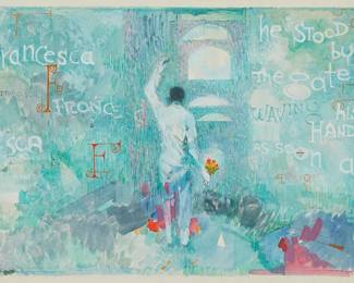 299
Mario Armond Zamparelli
(1921-2012)
Man on stage
Gouache, colored pencil, and mixed media on artist's board
Unsigned; estate stamped verso
Image: 12" H x 16.75" W; Artist's board: 15" H x 21.75" W
Estimate: $200 - $400