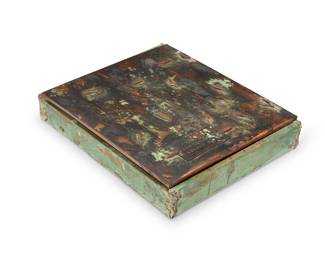 194
Minoru and Echiko Ohira (b. 1950 and b. 1949)
Box of nails, 2004
Copper, wood cigar box, and mixed media
Signed and dated to underside: Minoru Echiko Ohira; dated and with the artists' names on the mounted plate: MINORU OHIRA / EG[sic]HIKO OHIRA
2.125" H x 11" W x 9" D
Estimate: $300 - $500