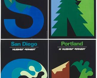 341
A group of four Hughes Airwest travel posters, designed by Mario Armond Zamparelli (1921-2012) and Company, Los Angeles
"Seattle," "Yosemite National Park," "San Diego," and "Portland"
Each: Screenprint in colors on paper
Each: From the edition of unknown size and date
Each: Unsigned; with the printed title along the upper edge
4 pieces
Image/Sheet: 34.5" H x 22.5" W
Estimate: $400 - $600