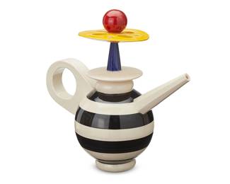 250
Peter Shire (b. 1947)
A Memphis glazed ceramic teapot, 1990s
Dated and marked to underside: EXP [Echo Park] / 9[1 or 7]; possibly numbered: 15
The footed teapot with exaggerated lug handle and elaborate sculptural lid
2 pieces
Overall: 13.25" H x 14" W x 6.5" D
Estimate: $1,000 - $1,500