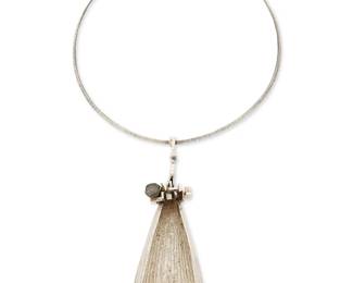 13
A sterling silver and tourmaline corn husk pendant necklace
Late 20th century
Stamped to pendant verso: [star/flower cipher] / 925
A modernist-style hammered sterling silver wire collar suspending a cast silver corn husk pendant with geometric accent set with watermelon tourmaline
19.5" inner C x 5.5" H x 1.75" W
99.4 grams gross
Estimate: $300 - $500
