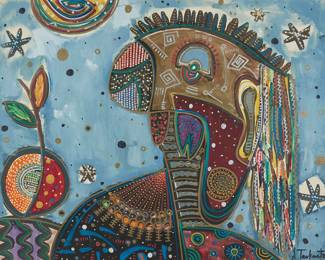 144
Ara Tevkantz
(1956-2021)
"Guest," 2009
Acrylic, gouache, and metallic pigments on thick cardstock paper
Signed lower right: A. Tevkantz; dated and inscribed "gold silv./ univ." in pencil verso: '09; titled by repute
Sheet: 22" H x 28.25" W
Estimate: $1,200 - $1,800