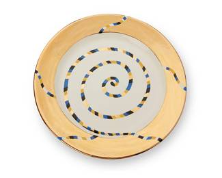 252
Ralph Bacerra (1938-2008)
A glazed ceramic charger, 1996
Impressed to underside: Gaetano Pottery / 4013 / USA; stamped date and inscription: Created by: Ralph Bacerra for the Art Museum Council, LACMA / 1996
With gold, black, blue, and yellow glazes
1.75" H x 13.5" Dia.
Estimate: $600 - $800