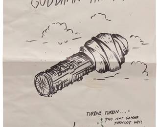 183
Raymond Pettibon
(b. 1957)
"Goddamn Hippies"
Ink and graphite on paper, and acrylic with Xerox paper mounted to paper
Signed lower right: Pettibon, titled in the composition
Sheet: 24" H x 18" W
Estimate: $2,000 - $3,000