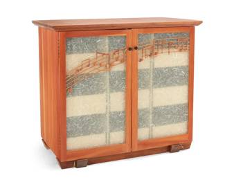 128
Harold Greene (b. 1953)
A Contemporary music cabinet, 2017
The Douglas fir cabinet with walnut top and glass doors constructed of two panes sandwiching mulberry paper, each front featuring mounted carved carob wood notes representing the blues song "CC Ryder," made famous by Big Bill Broonzy, opening to reveal nine Finnish birch plywood sliding drawers, each fitted with adjustable slanted dividers for storing 12" vinyl records
45.5" H x 51" W x 26.75" D
Estimate: $600 - $800