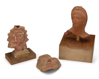 326
A group of classical-style terra cotta figures
20th century or earlier
Comprising a female bust mounted on a wood base, another torso of a female surrounded by harvest motifs mounted on a wood base, and a fragment of a face
3 pieces
Bust: 5.25" H x 4.5" W x 3" D; Fragment: 3.5" H x 4.25" W x 2.25" D
Estimate: $600 - $900