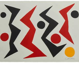 47
Alexander Calder
(1898-1976)
"Les Scies," 1965
Lithograph in colors on BFK Rives paper
Edition: 3/90
Signed and numbered in pencil in the lower right and left corners, respectively: Calder; Maeght, Paris, pub.
Sheet: 22" H x 32" W
Estimate: $2,000 - $3,000