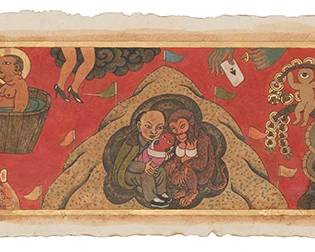 156
Gade
(b. 1971)
Modern thangka, 2009
Acrylic and metallic pigment on paper
Signed in Tibetan, dated, and with the artist's fingerprint in pigment, lower right: Gade 2009
Sheet: 9" H x 31.25" W
Estimate: $2,000 - $3,000