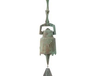 237
Paolo Soleri (1919-2013)
A Cosanti wind bell, mid/late 20th century; Paradise Valley, AZ
With cast Paolo Soleri cipher
The cast bronze bell with clapper and sheet copper fin
Overall: 23.5" H; Bell: 7.5" H x 3.75" Dia.; Fin: 5.25" H x 4.75" W
Estimate: $400 - $600