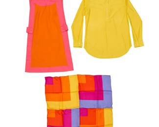 353
A group of Mario Armond Zamparelli and Company for Hughes Airwest hostess uniform ensemble prototypes
Circa 1970s
Scarf signed and dated to weave; with label: Echo / Made in Japan
Comprising an orange and pink cotton hostess pinafore smock with left top strap button closure and button tabs to waist, together with a Sundance Yellow synthetic knit popover placket blouse with round collar and tonal buttons, and a Zamparelli multicolored square silk scarf, 1975
3 pieces
Smock: CB: 30"; waist front at tabs: 17.25"
Blouse: CB: 27"; bust front: 19"; waist front: 17.5"; sleeves: 23"
Scarf: 26.5" x 26.5" approximately
Estimate: $200 - $400