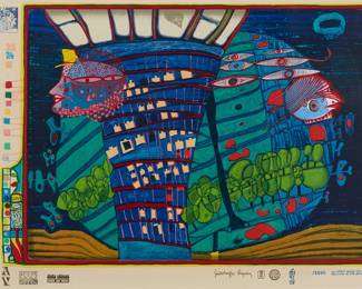 71
Friedensreich Hundertwasser
(1928-2000)
"Night Train" (Variant 5), 1978
Screenprint in colors with metallic collage on Fabriano paper
Edition: 257/285 (the total edition is 375, including the XC proofs and collages that are signed and numbered I-XC/XC)
Signed, dated, numbered, and indistinctly inscribed in ink in the lower margin, at left: Friedensreich 1978; Claudio Barbato, and Giorgio Verrati, Venice, prntr.; Gruener Janura AG, Glarus, pub.
Sheet: 22" H x 28.875" W
Estimate: $800 - $1,200