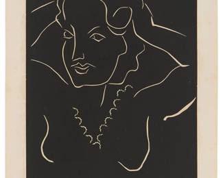 31
Henri Matisse
(1869-1954)
"Diane," 1938
Linocut in black and sanguine on wove paper
Edition: 23/25 (there were also five artist's proofs)
Signed and numbered in pencil in the lower margin, at right: Henri Matisse
Image: 9.375" H x 7.75" W; Sheet: 17.5" H x 14" W (irreg.)
Estimate: $8,000 - $12,000