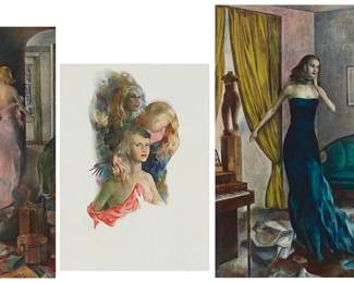 337
Mario Armond Zamparelli (1921-2012)
A group of three illustrations, one depicting a woman in a long pink dress in her living room; another, presumably unfinished work of various women; and the third, a woman in a dark blue dress next to a piano
Each: Watercolor, gouache, colored pencil, and mixed media on artist's board
Each: Unsigned; estate stamped verso
Smallest artist's board: 17" H x 12.75" W; Largest artist's board: 18.5" H x 12.75" W
Estimate: $700 - $900