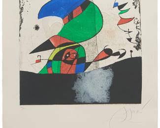 34
Joan Miró
(1893-1983)
"Gaudi IV," 1979
Etching and aquatint in colors on Arches paper
Edition: 20/50 (there were also 15 hors commerce impresssion numbered in Roman numerals)
Signed and numbered in pencil in the lower margin: Miró; Maeght Éditeur, Paris, pub.
Plate: 15.75" H x 15.5" W; Sheet: 25.875" H x 19.75" W
Estimate: $7,000 - $9,000