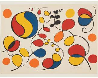 46
Alexander Calder
(1898-1976)
"L'espoir du Volubius," 1973
Lithograph in colors on cream wove paper
Edition: 69/100 (aside from the edition in 50 in Roman numerals on Japon paper)
Signed and numbered in pencil in the lower right and left corners, respectively: Calder
Sheet: 20.5" H x 28.25" W
Estimate: $2,000 - $3,000