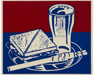 63
Roy Lichtenstein
(1923-1997)
"Sandwich and Soda," from "X + X (Ten Works by Ten Painters)" portfolio, 1964
Screenprint in colors on clear plastic
From the edition of 500
Unsigned; Sirocco Screenprinters, New Haven, CT, under the supervision of Ives Sillman, prntr.; The Wadsworth Atheneum, Hartford, CT, pub.
Image: 19" H x 23" W; Sheet: 20" H x 24" W
Estimate: $5,000 - $7,000