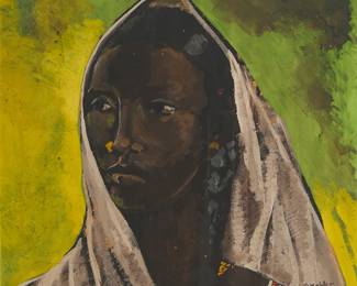 244
Geoffrey Holder
(1930-2014)
Portrait of a West Indies woman, 1952
Oil on board
Signed and dated lower right: G. Holder / 1952
17.875" H x 16" W
Estimate: $1,500 - $2,000