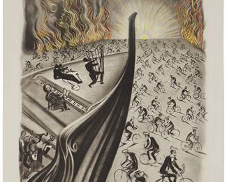 39
Salvador Dalí
(1904-1989)
"Symphony Bicyclette," 1970
Lithograph in colors on BFK Rives paper
Edition: 85/200 (plus 20 unverified proofs)
Signed and numbered in pencil in the lower margin: Dalí
Image: 30" H x 22" W; Sheet: 35.25" H x 25.5" W
Estimate: $8,000 - $12,000