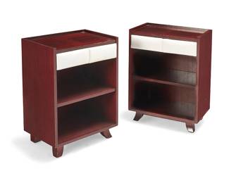 85
Gilbert Rohde (1894-1944)
A pair of bedside tables model 4140 for Herman Miller, mid-20th century
Designed circa 1940s
Each with metal tag to drawer interior: Herman Miller / Furniture Co. / Zeeland...Mich. / Original Rhode Design / Gilbert Rhode / Designer
Each wood cabinet with single drawer featuring white faux leather padded front, above a single shelf and raised on squared feet
2 pieces
Each: 25.25" H x 18.25" W x 12.75" D
Estimate: $600 - $800